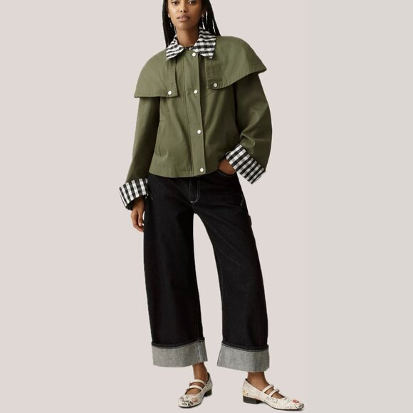 Avec Les Filles Cotton-Blend Gingham Trim Cape Jacket (Olive Green) - Picture 5 of 16